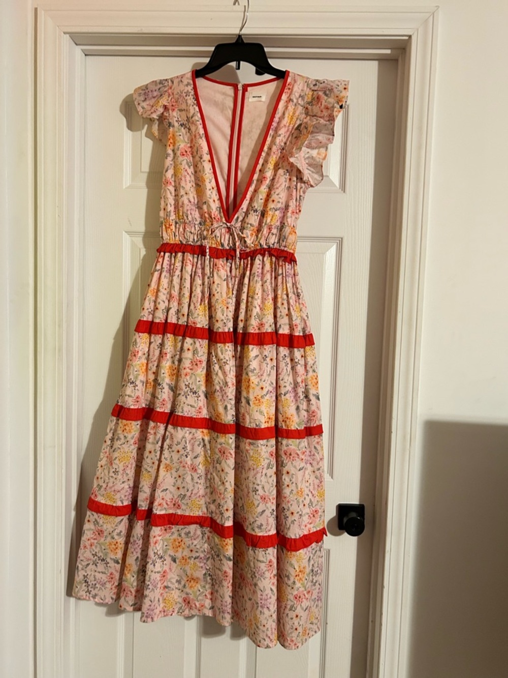 AUREUM Pink Floral V Neck Tiered Maxi Dress with Red Trim